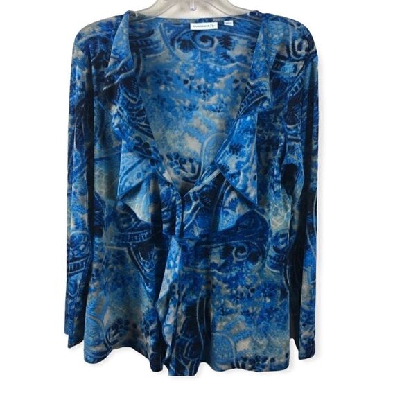 Susan Graver S Blue Swirl Statement Ruffle Collar Liquid Knit Cardigan - Picture 1 of 8